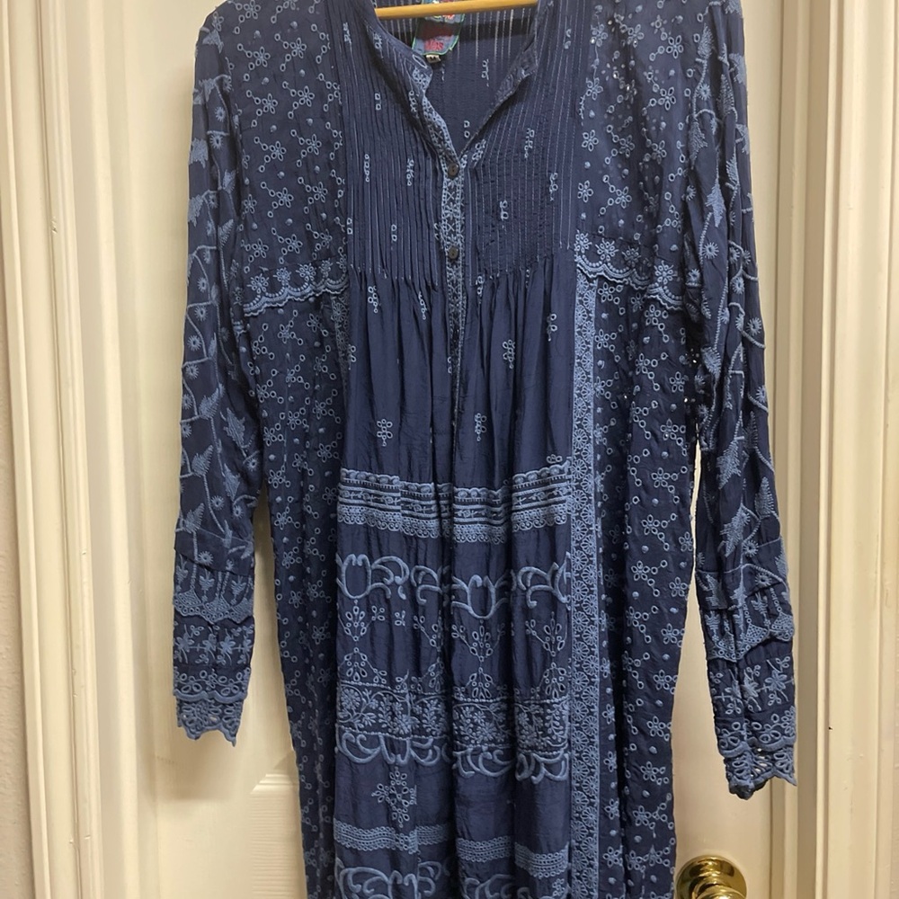 Johnny Was Navy Blue Embroidered Midi Dress